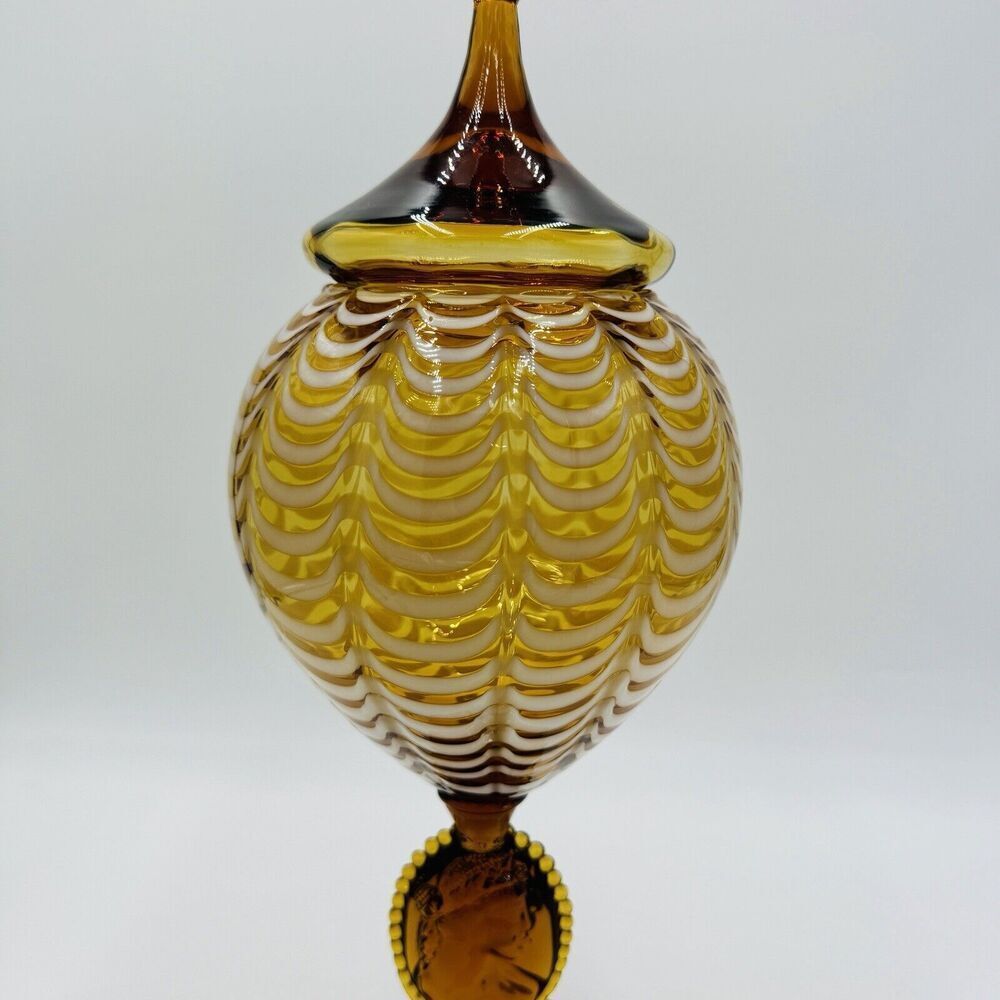 MCM Italy LAVORAZIONE EMPOLI Draped Amber cameo Art Glass Vase Compote Lidded - Picture 3 of 15